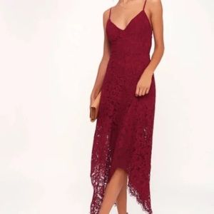 LULU’s “One Wish” Burgundy midi dress with gorgeous lace detail! Make offer!